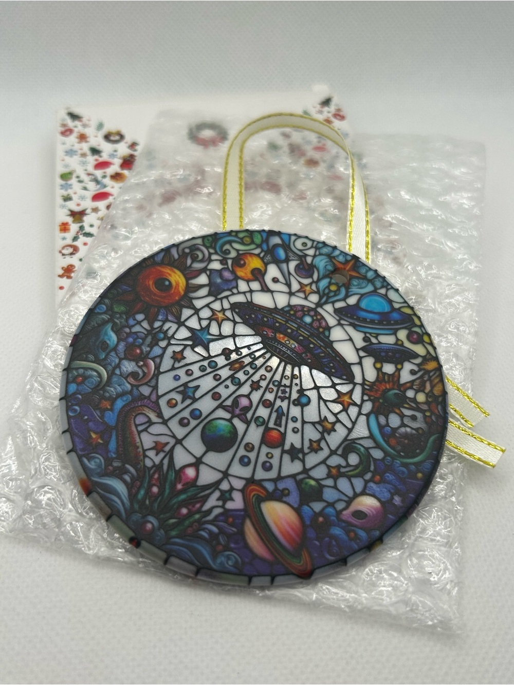 UFO Alien Galaxy Space Ceramic Ornament 3.5” Double Sided NEW